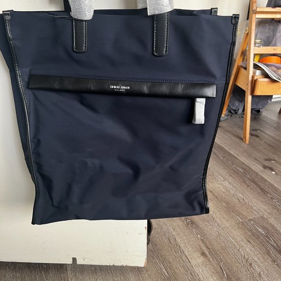 Giorgio Armani Men's Midnight Blue Nylon Shopping Bag with Black Leather Trim - Picture 2 of 4